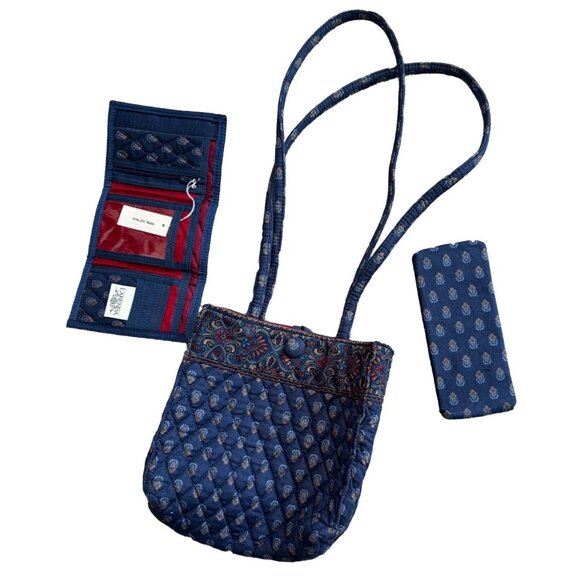 Larenda Quilled Navy Tote Bag New Wallet Eye Glass Case Size 9x9 - Picture 1 of 6